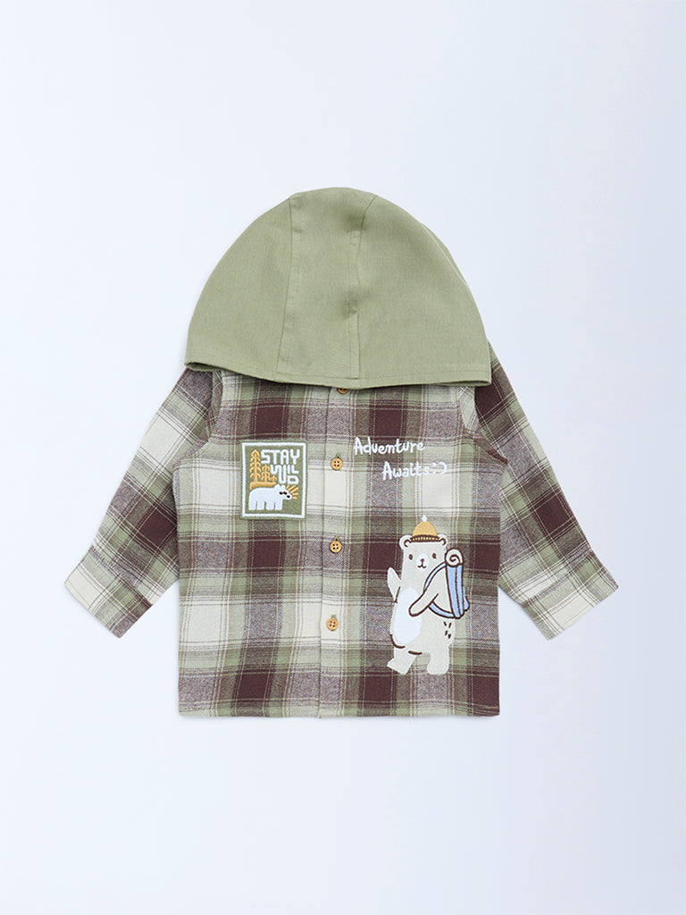 HOP Baby Boys Olive Checkered Cotton Hooded Shirt