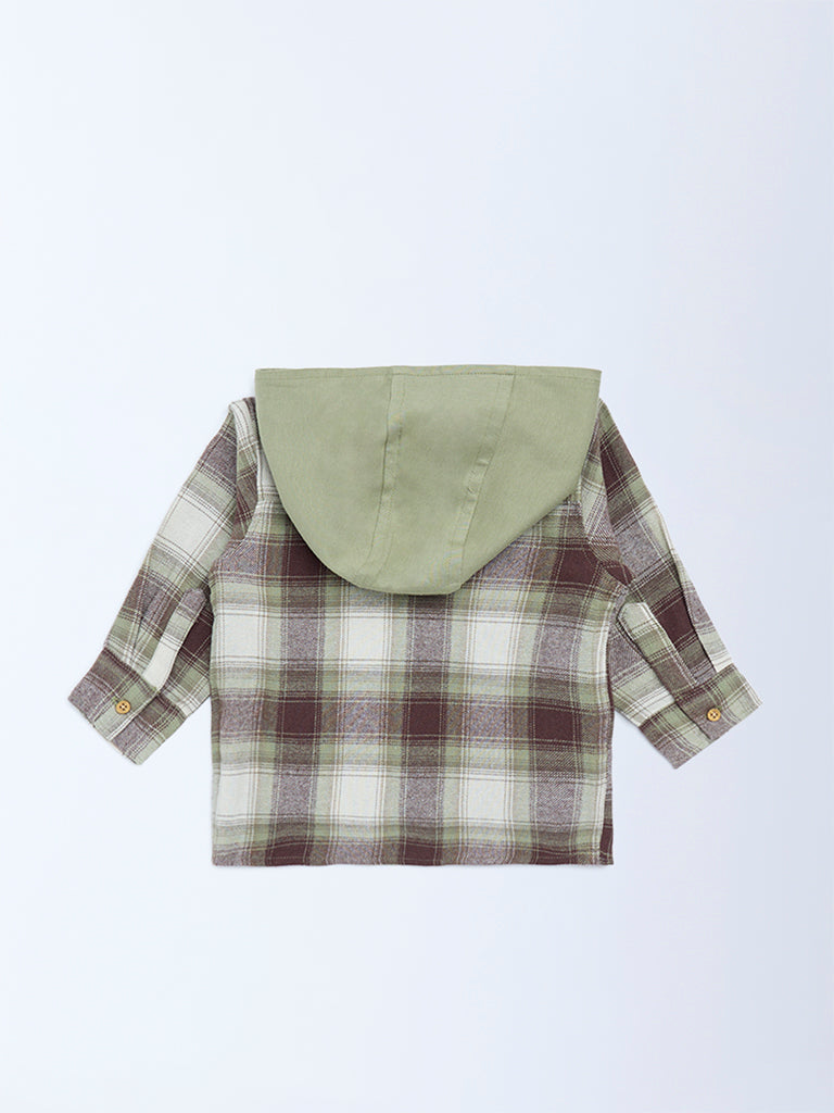 HOP Baby Boys Olive Checkered Cotton Hooded Shirt