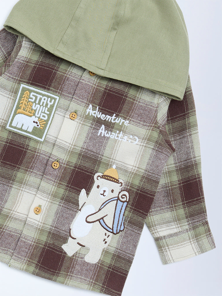 HOP Baby Boys Olive Checkered Cotton Hooded Shirt