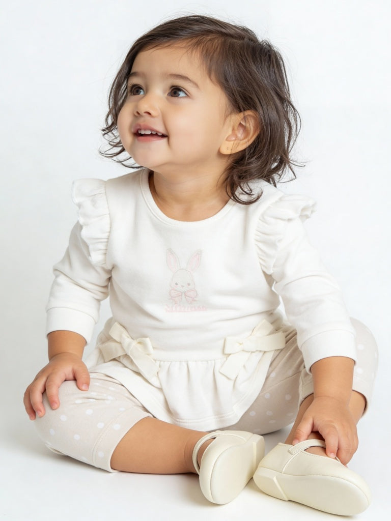 HOP Baby Girls White Cotton-Blend A-Line Dress with Pants Set