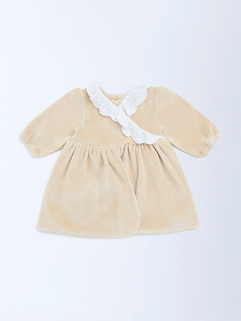 HOP Baby Girls Beige Schiffli Detailed Cotton-Blend A-Line Dress