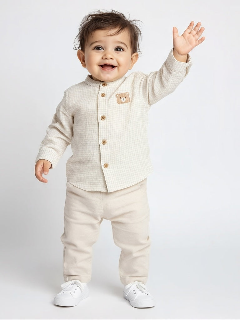 HOP Baby Beige Checkered Cotton-Blend Shirt and Pants Set