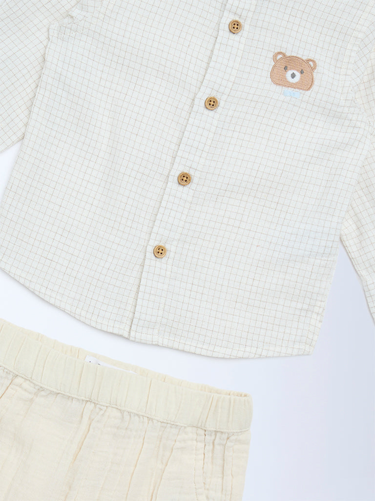 HOP Baby Beige Checkered Cotton-Blend Shirt and Pants Set