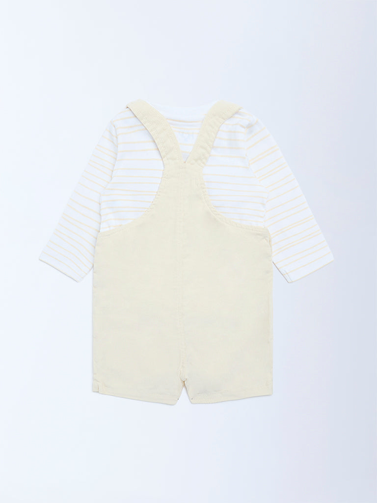 HOP Baby Beige Corduroy Cotton Dungaree with T-Shirt Set