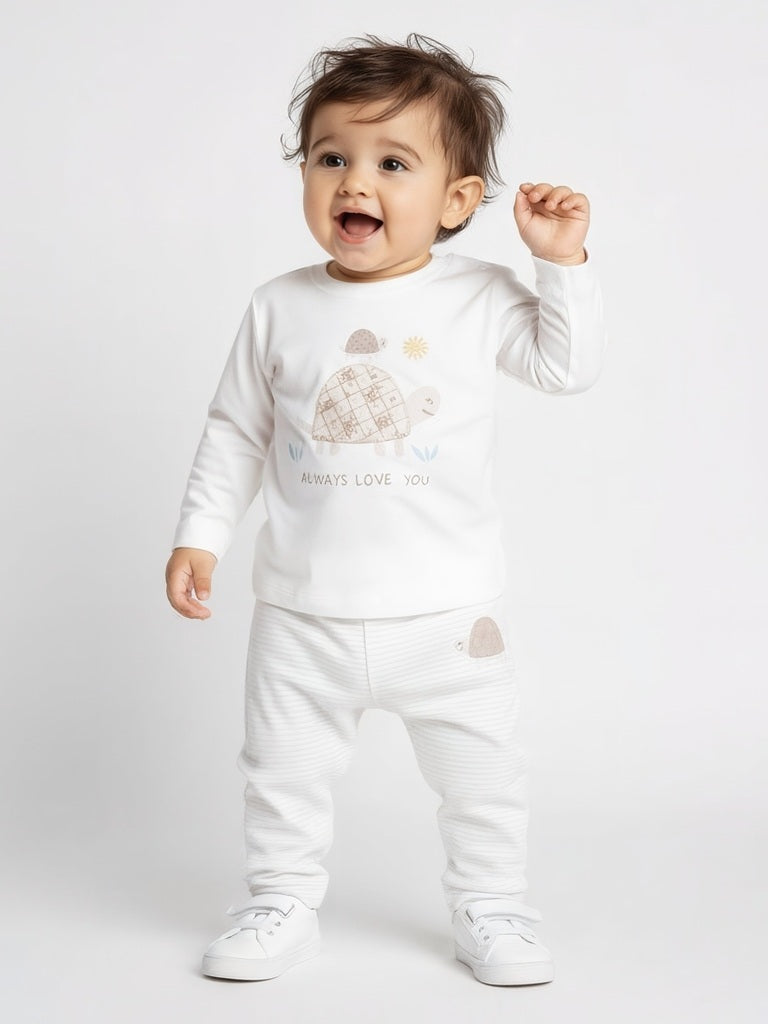 HOP Baby White Animal Printed Cotton T-Shirt and Pants Set