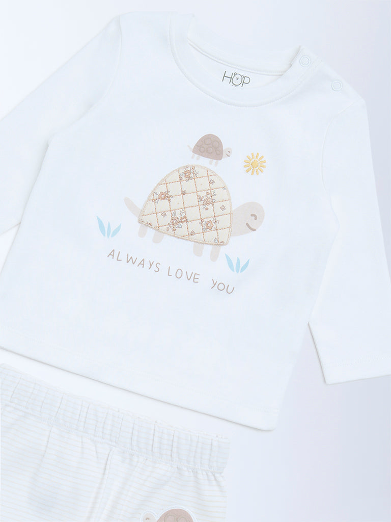 HOP Baby White Animal Printed Cotton T-Shirt and Pants Set