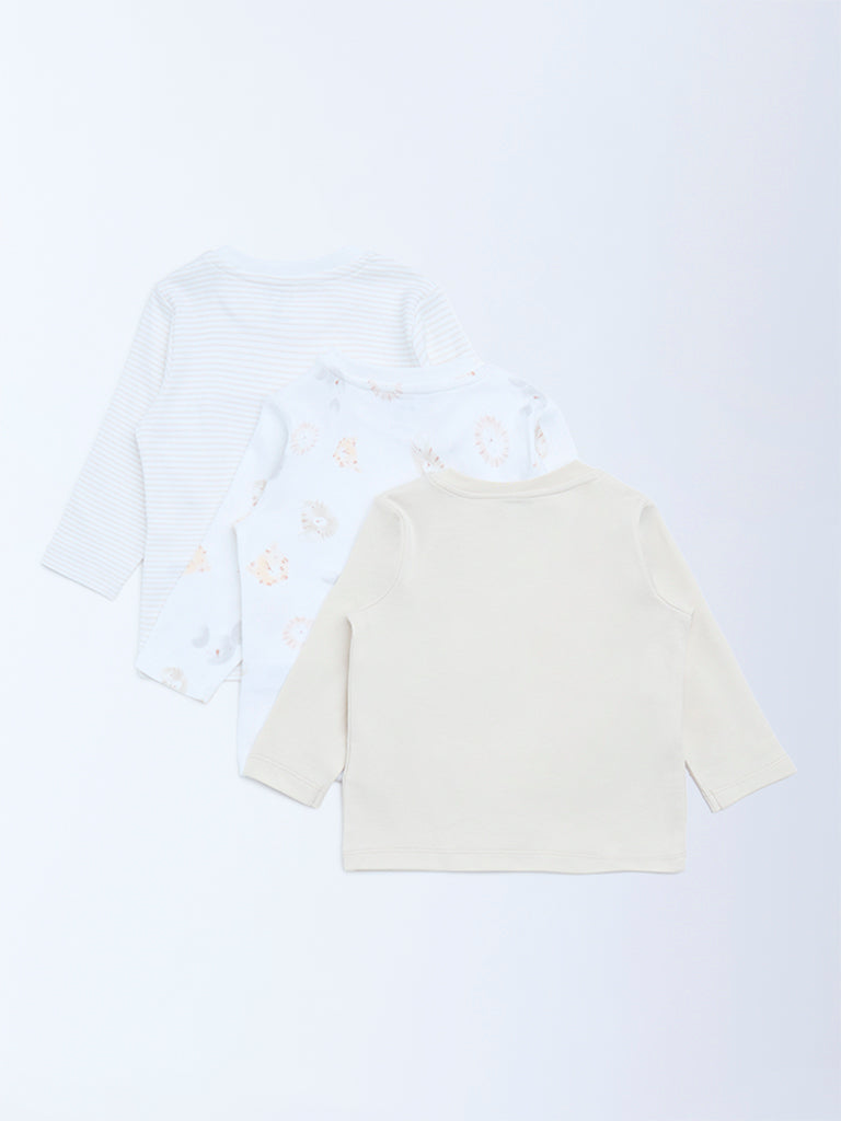 HOP Baby Boys Beige Printed Cotton T-Shirts - Pack of 3