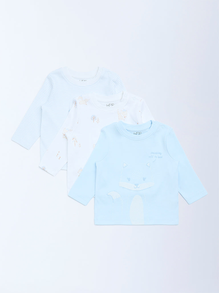 HOP Baby Boys Blue Printed Cotton T-Shirts - Pack of 3