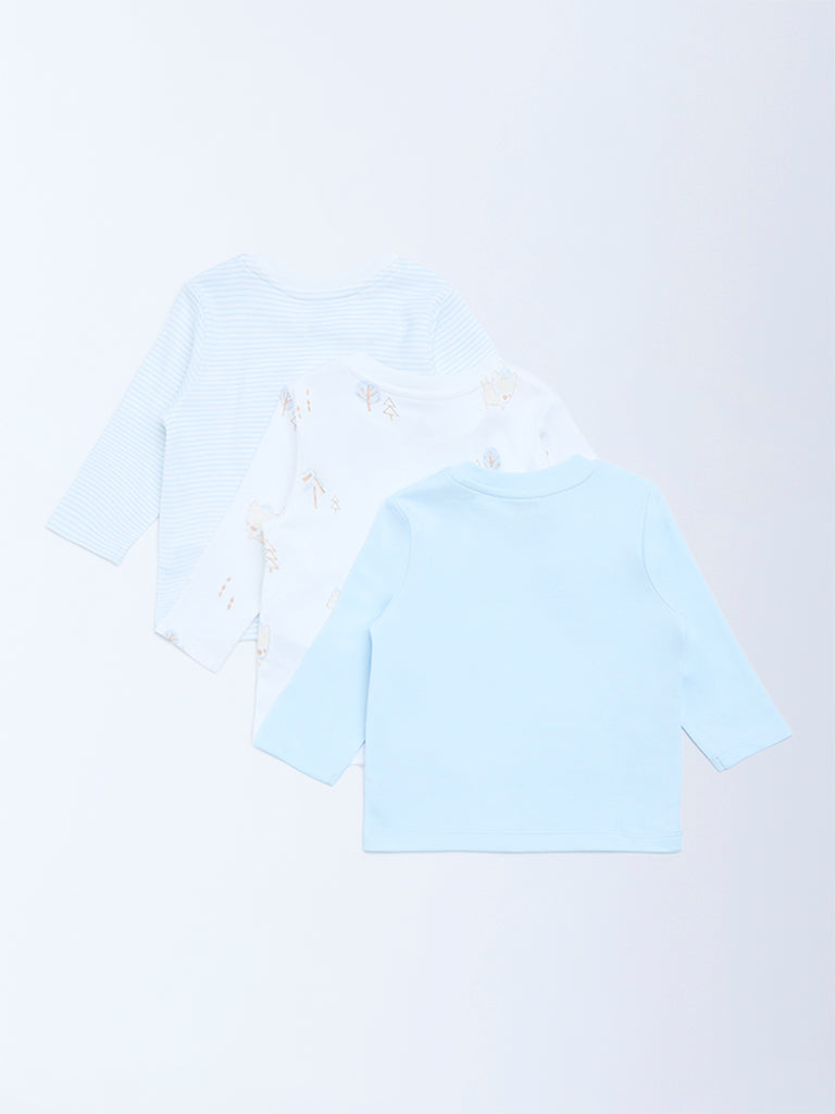 HOP Baby Boys Blue Printed Cotton T-Shirts - Pack of 3