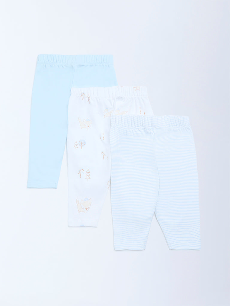HOP Baby Boys Blue Printed Mid-Rise Cotton Pants - Pack of 3