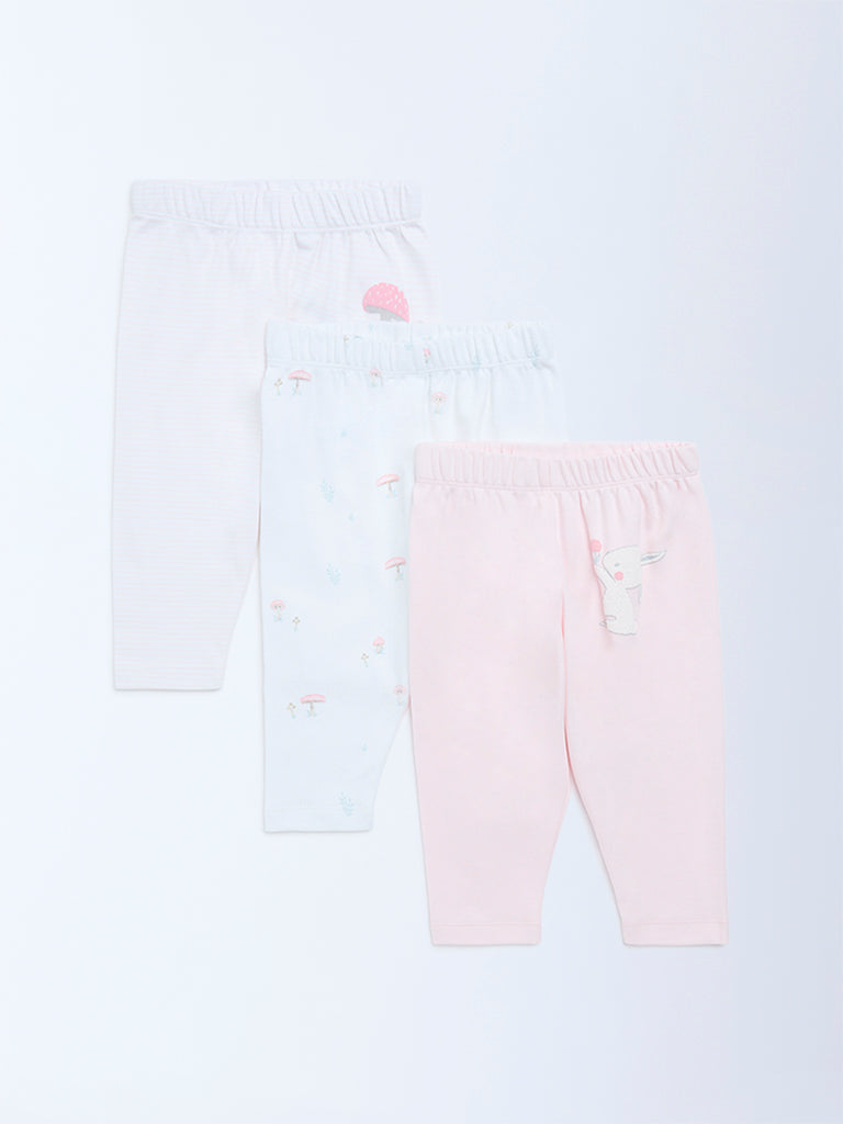 HOP Baby Girls Pink Printed High-Rise Cotton Pants - Pack of 3