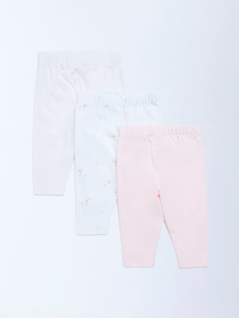 HOP Baby Girls Pink Printed High-Rise Cotton Pants - Pack of 3