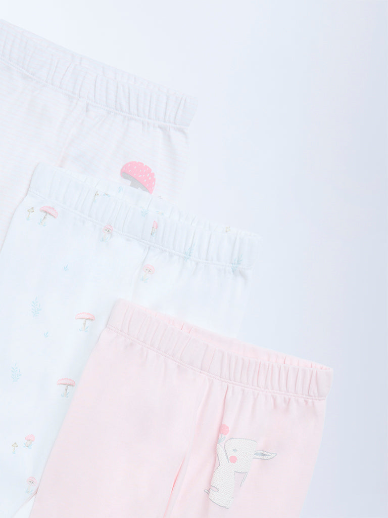 HOP Baby Girls Pink Printed High-Rise Cotton Pants - Pack of 3