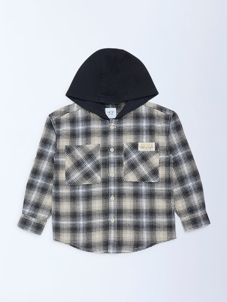 HOP Kids Boys Black Houndstooth Checkered Hooded Cotton Shirt