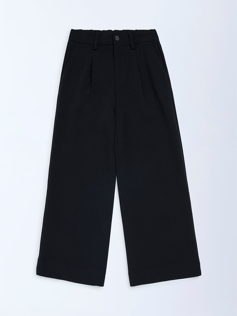Girls Black Solid High-Rise Trousers