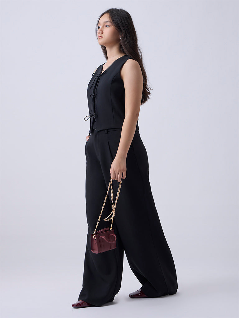 Girls Black Solid High-Rise Trousers