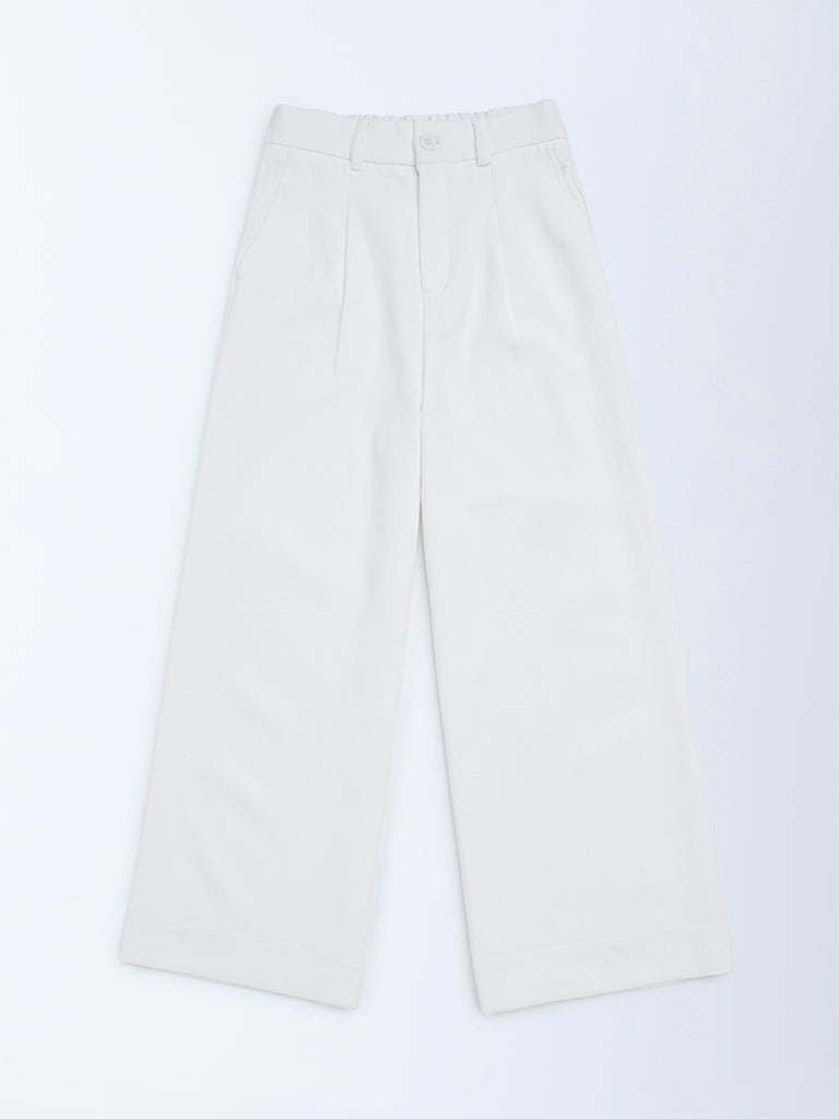 Girls White Solid High-Rise Trousers
