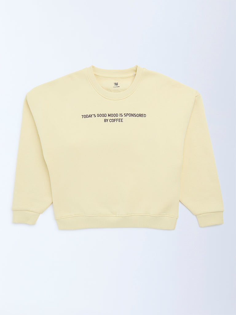 Girls Yellow Typographic Cotton Sweatshirt