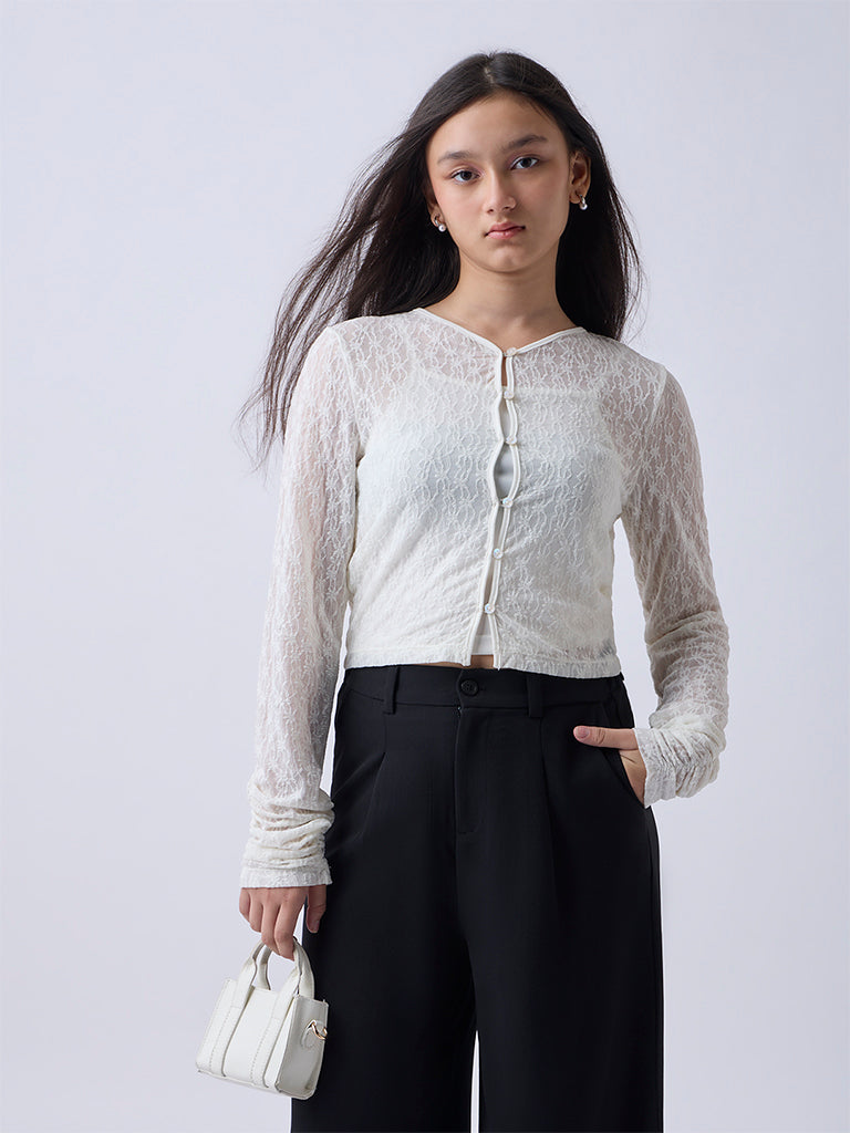 Girls Ivory Floral Lace Top