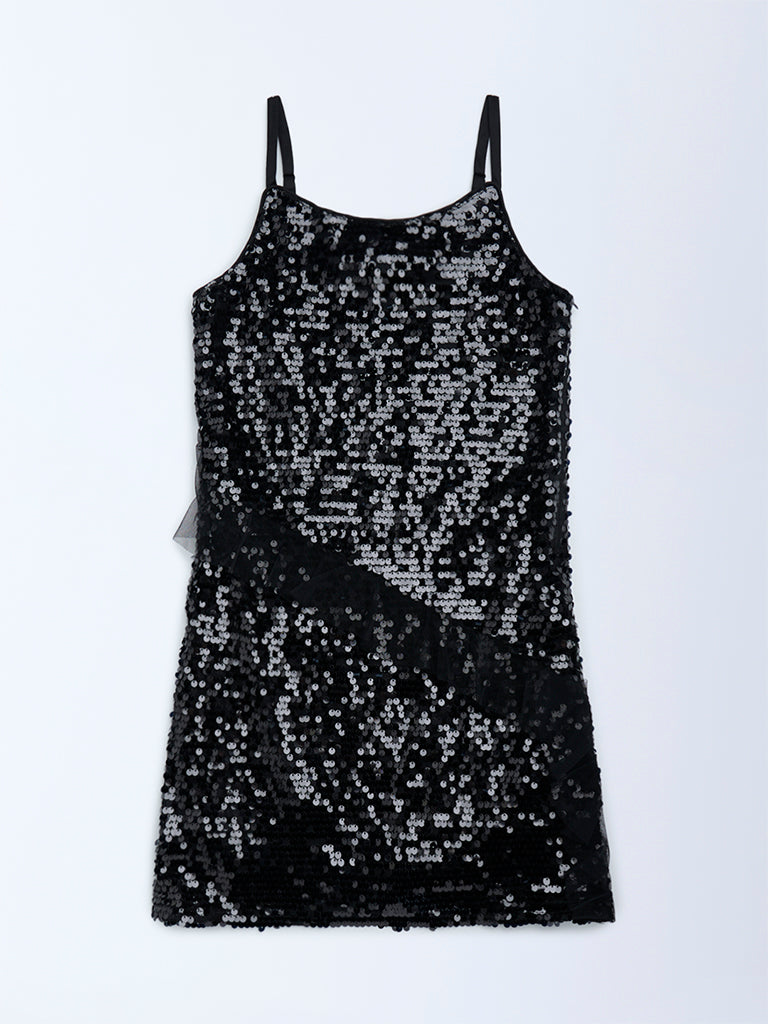 Girls Black Sequin Embellished Party Dress