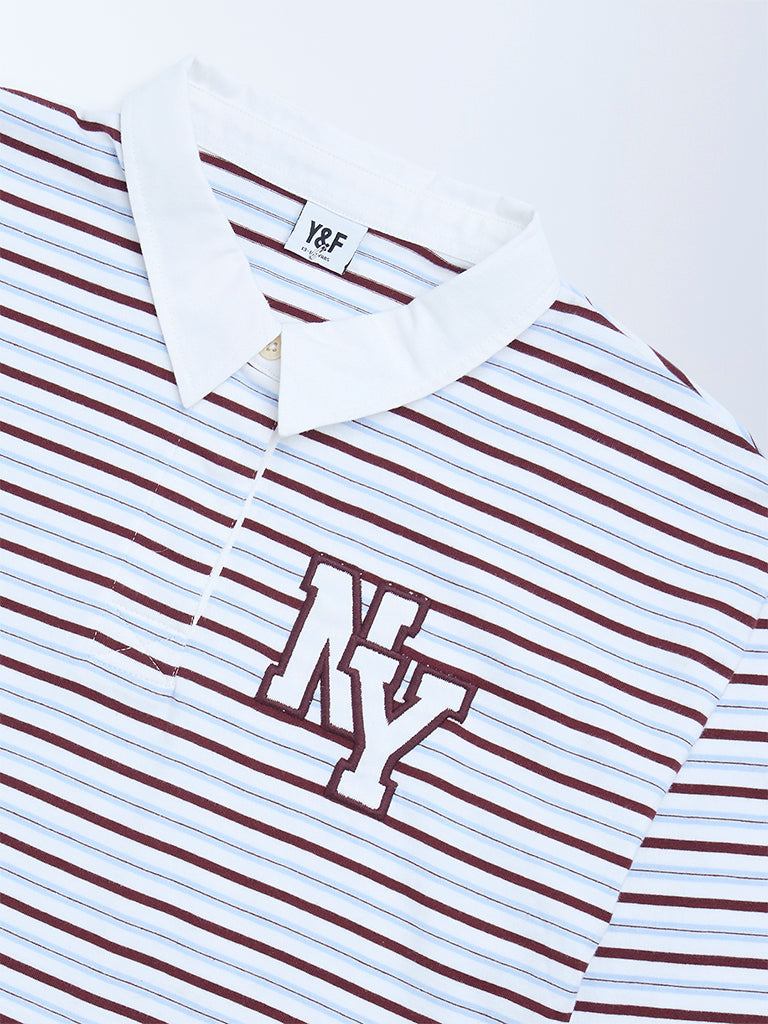 Girls Brown Striped Cotton Polo T-Shirt