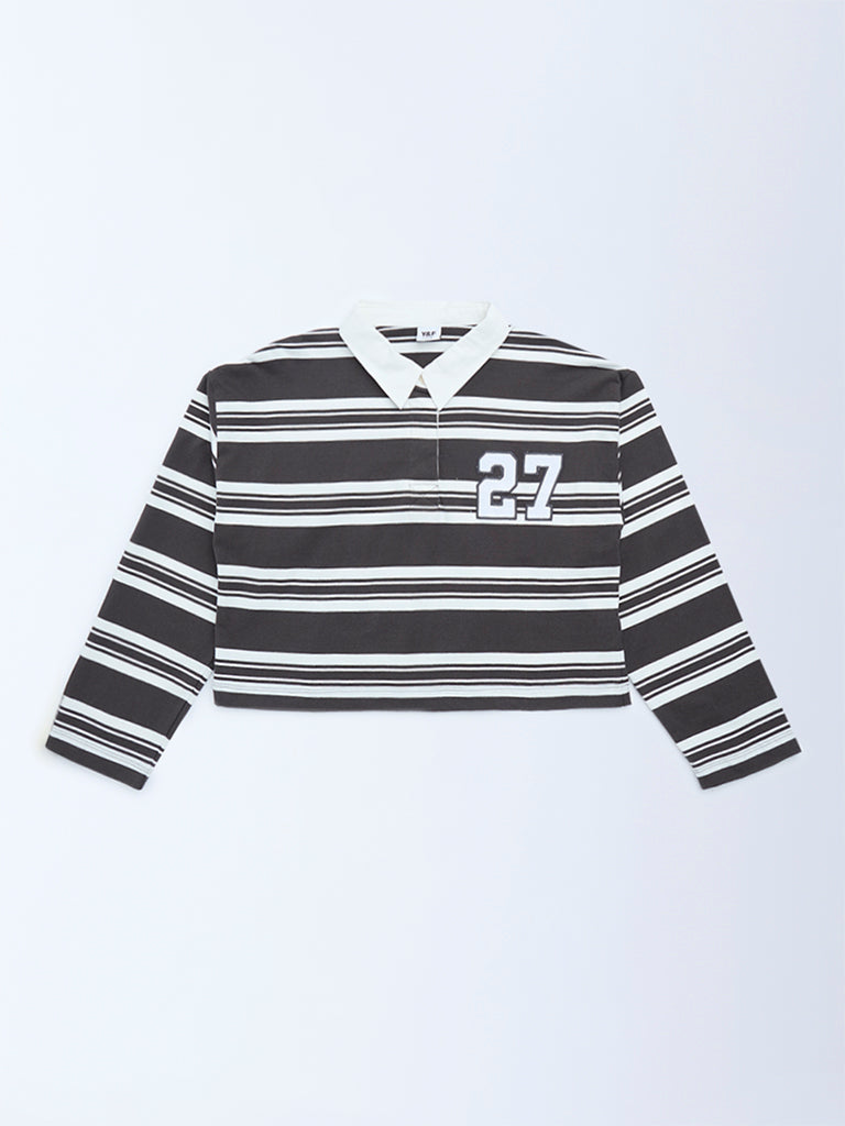 Girls Charcoal Striped Cotton Polo T-Shirt