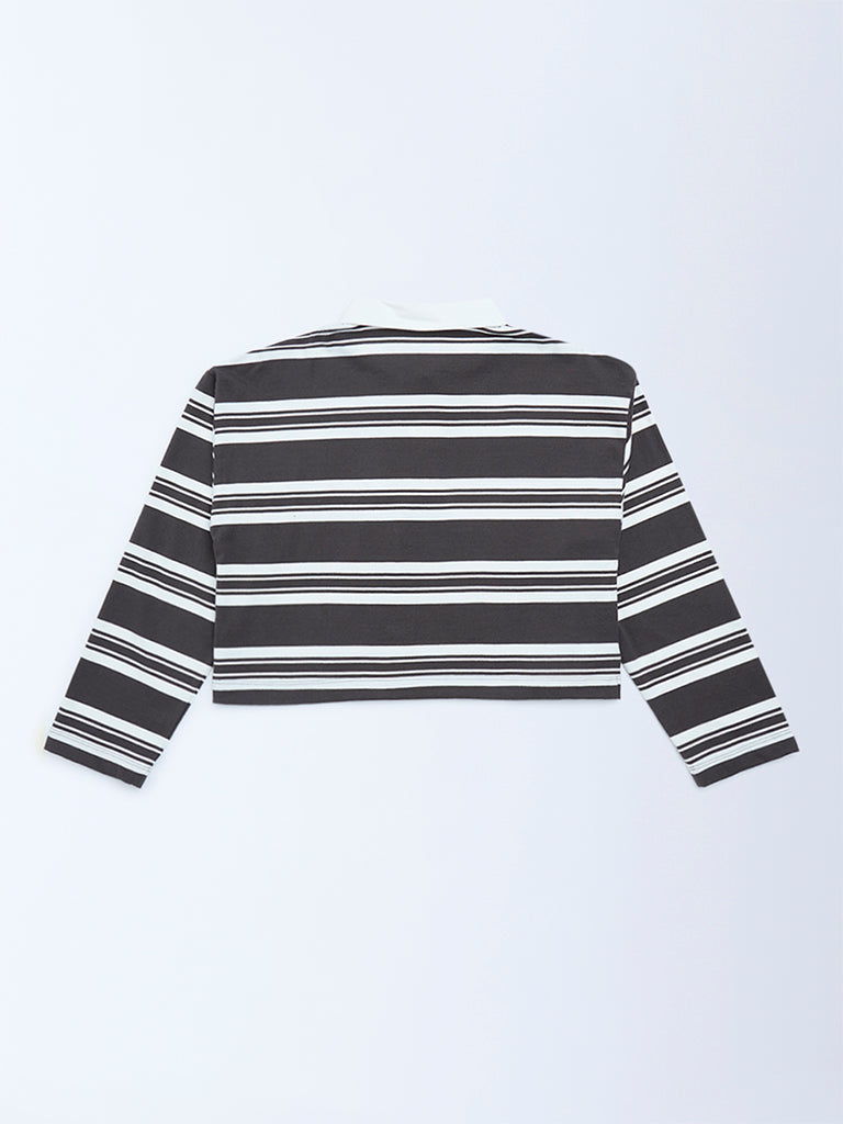 Girls Charcoal Striped Cotton Polo T-Shirt
