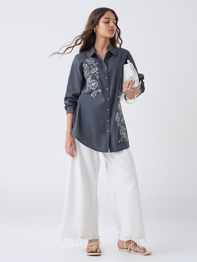 Utsa Charcoal Floral Embroidered Cotton Tunic