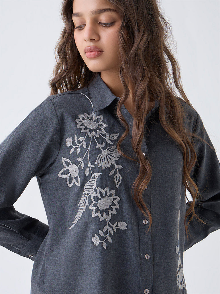 Utsa Charcoal Floral Embroidered Cotton Tunic