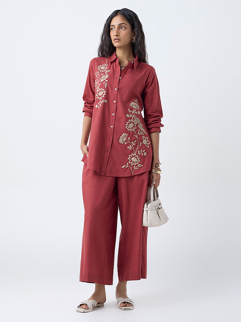 Utsa Rust Floral Embroidered Cotton Tunic