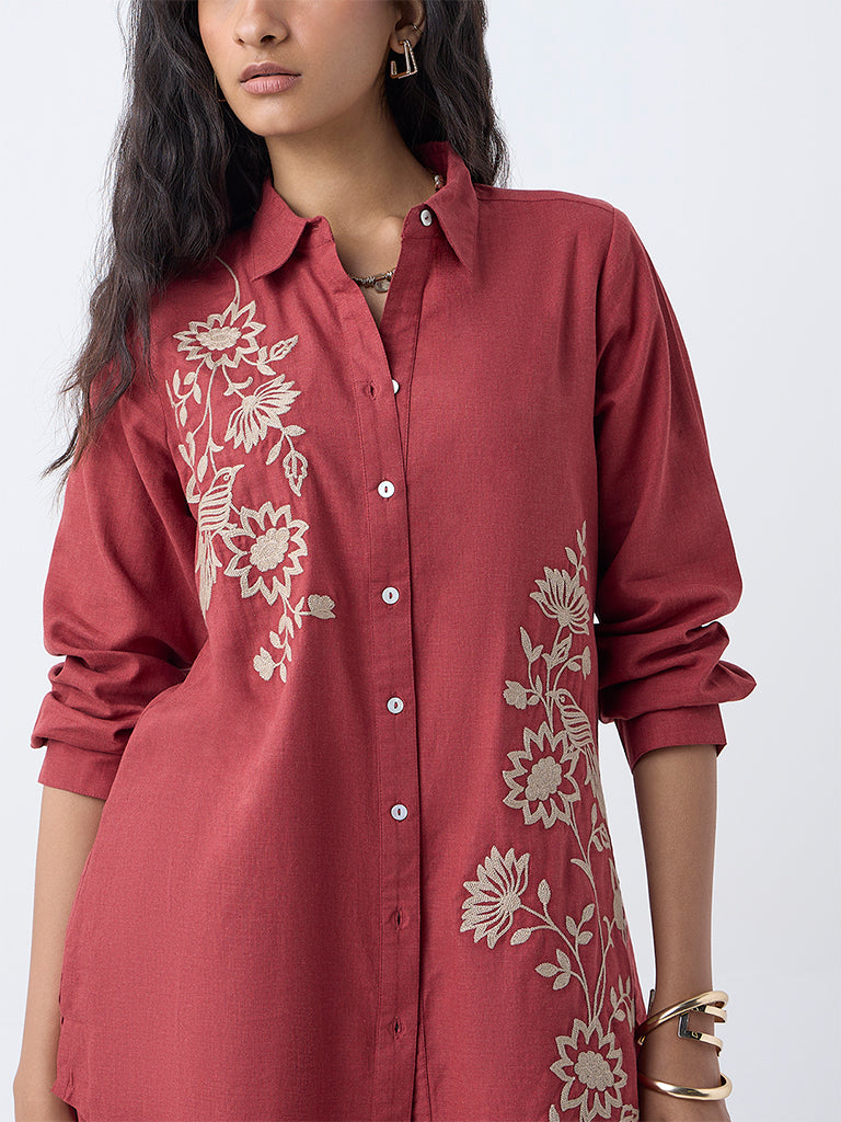 Utsa Rust Floral Embroidered Cotton Tunic