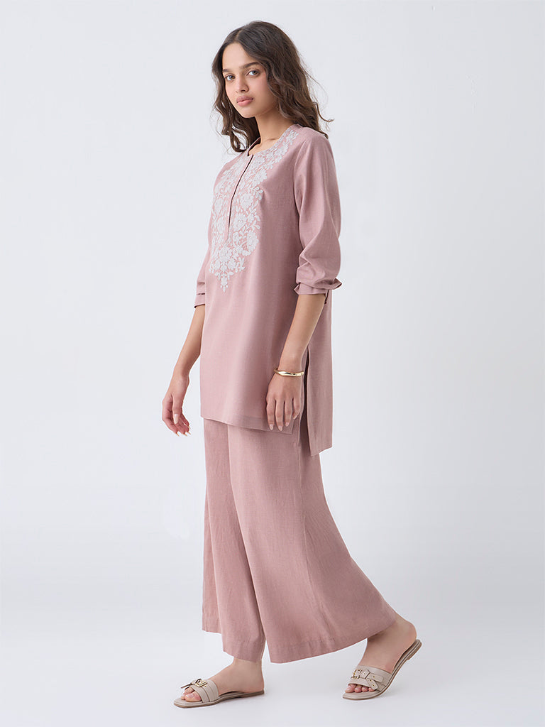 Utsa Dusty Pink Floral Embroidered Cotton Tunic