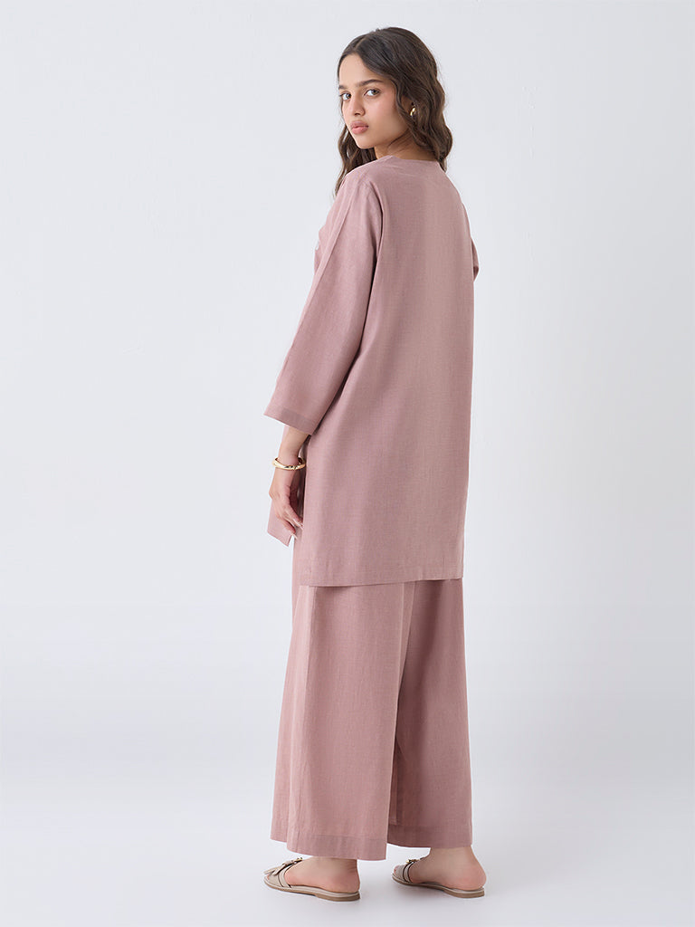 Utsa Dusty Pink Floral Embroidered Cotton Tunic