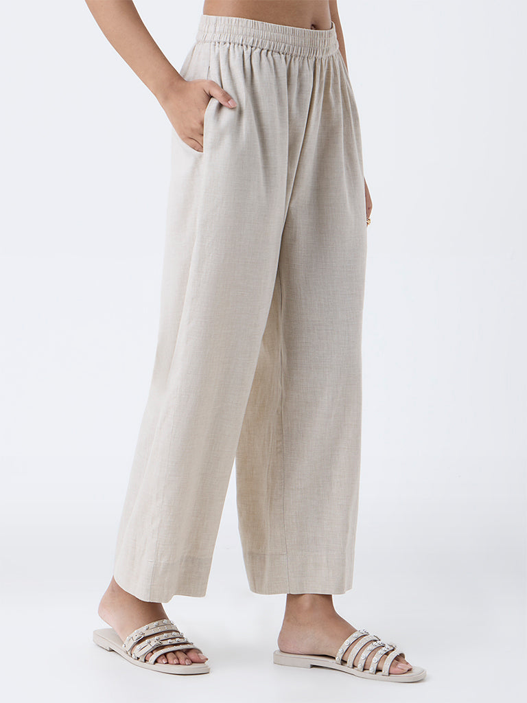 Utsa Beige Solid Cotton Ethnic Pants