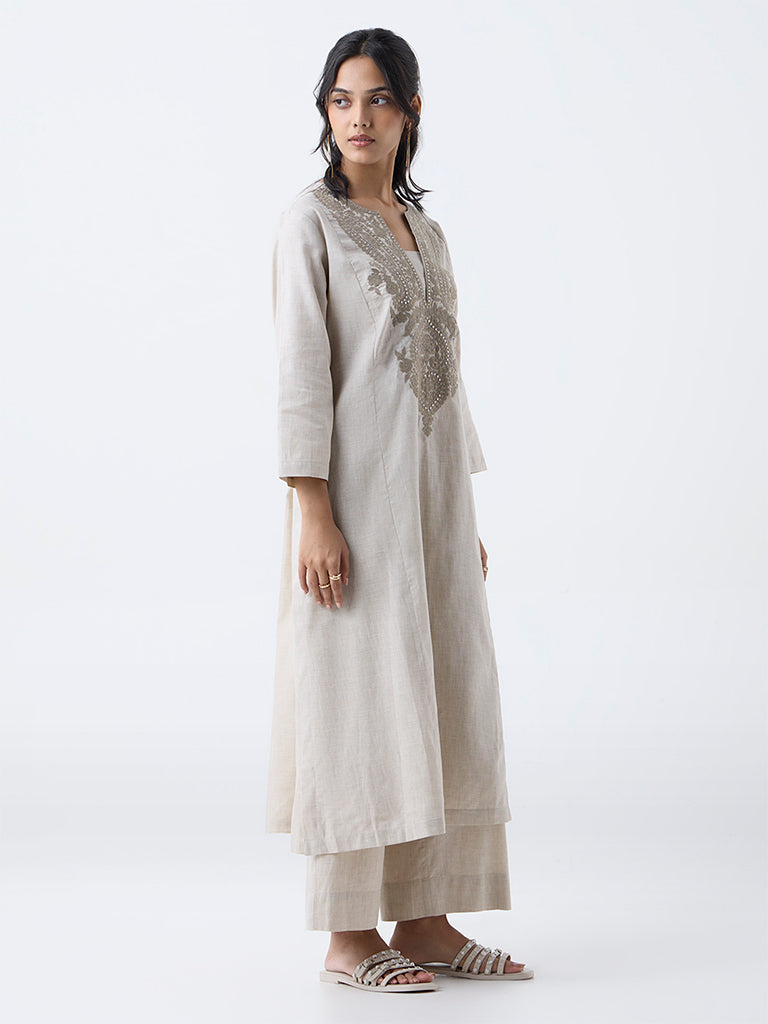 Utsa Beige Solid Cotton Ethnic Pants