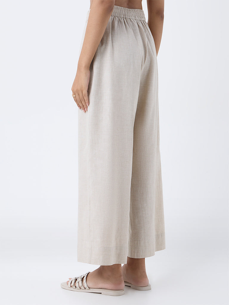 Utsa Beige Solid Cotton Ethnic Pants