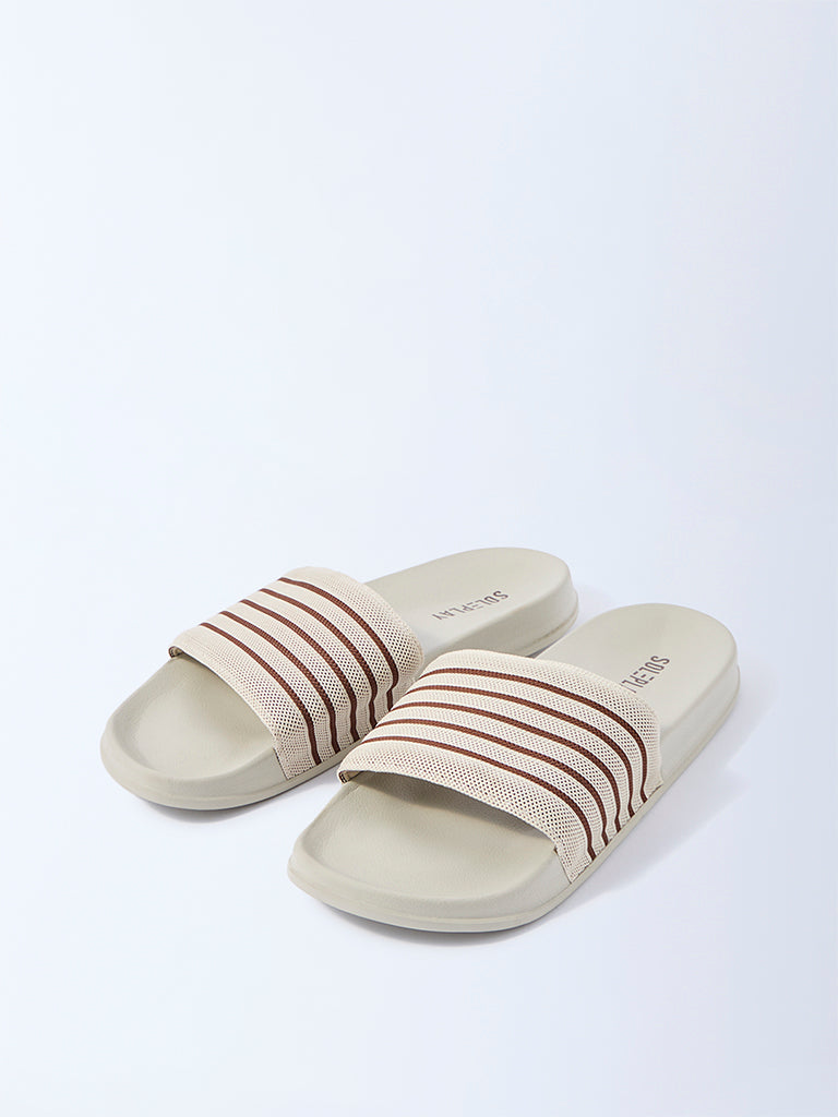 SOLEPLAY Ivory Stripe-Detailed Pool Slides