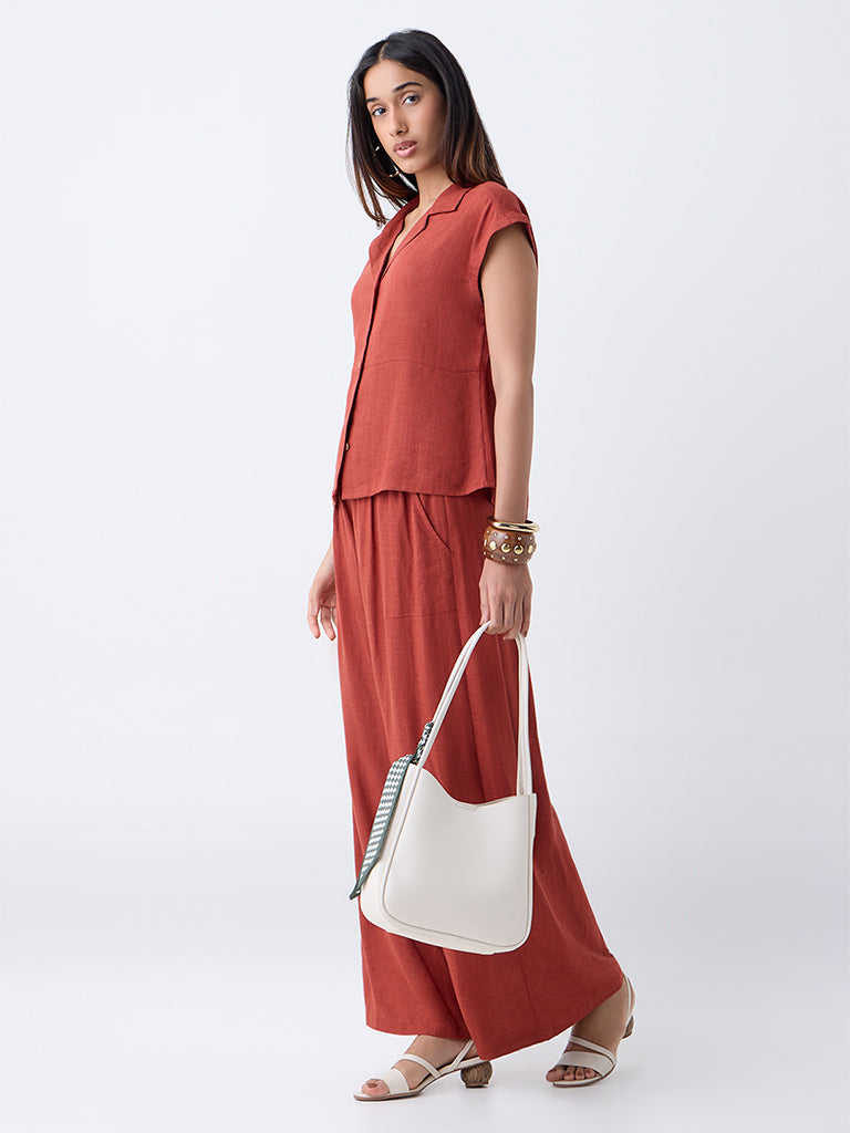 LOV Rust Solid Linen-Blend Shirt
