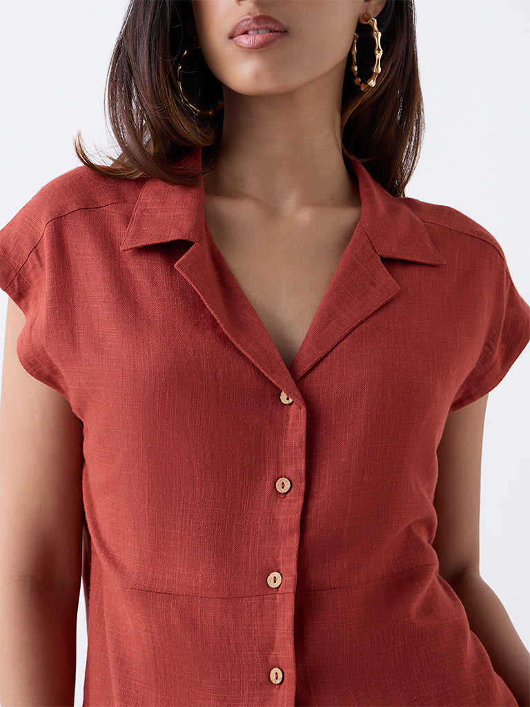 LOV Rust Solid Linen-Blend Shirt