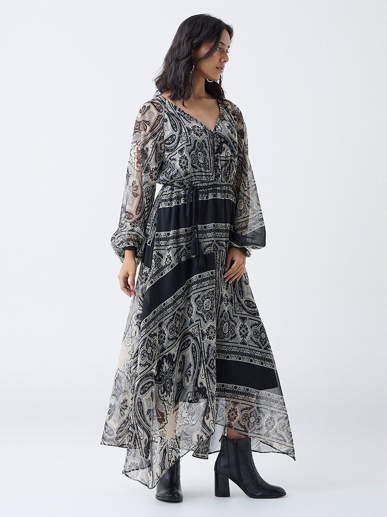 LOV Black Paisley Printed Asymmetric Dress with Belt