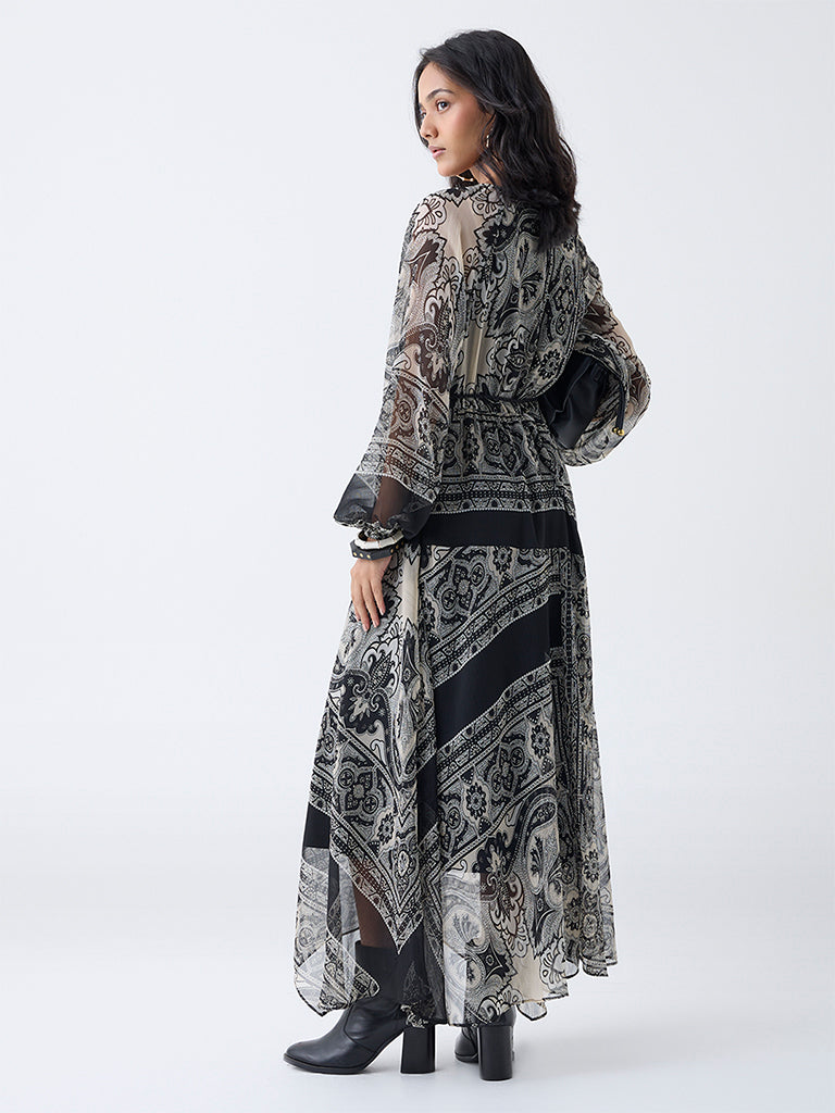 LOV Black Paisley Printed Asymmetric Dress with Belt