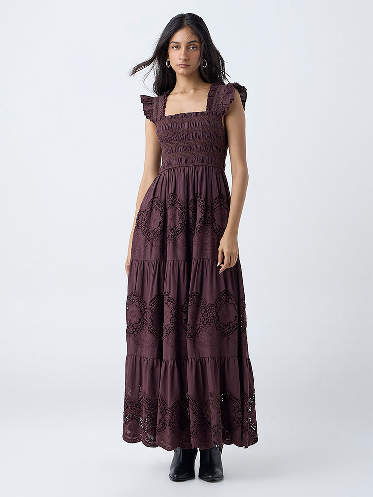 LOV Dark Brown Crochet-Detailed Cotton Tiered Dress