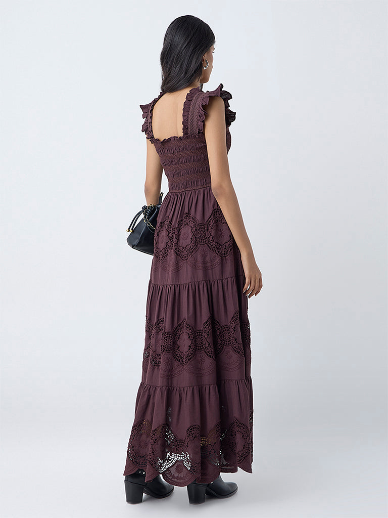 Buy LOV Dark Brown Crochet-Detailed Cotton Tiered Dress from Westside