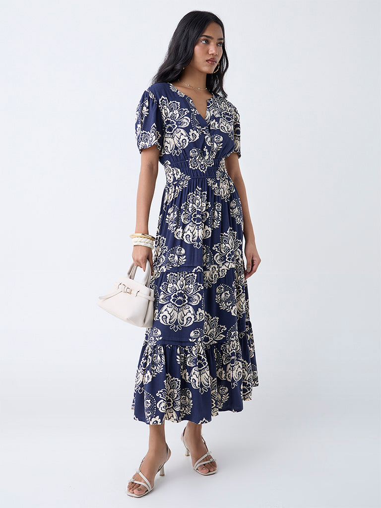 LOV Navy Floral Detailed Tiered Dress