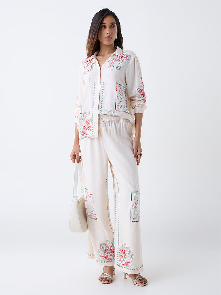 LOV Off-White Embroidered High-Rise Pants