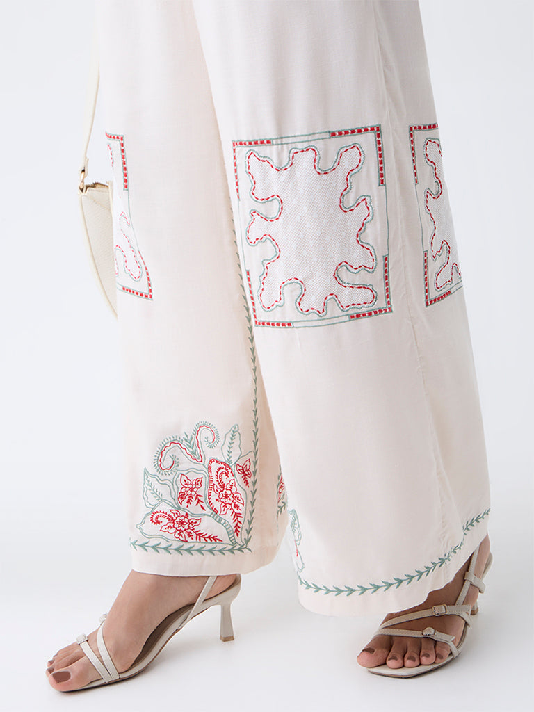 LOV Off-White Embroidered High-Rise Pants