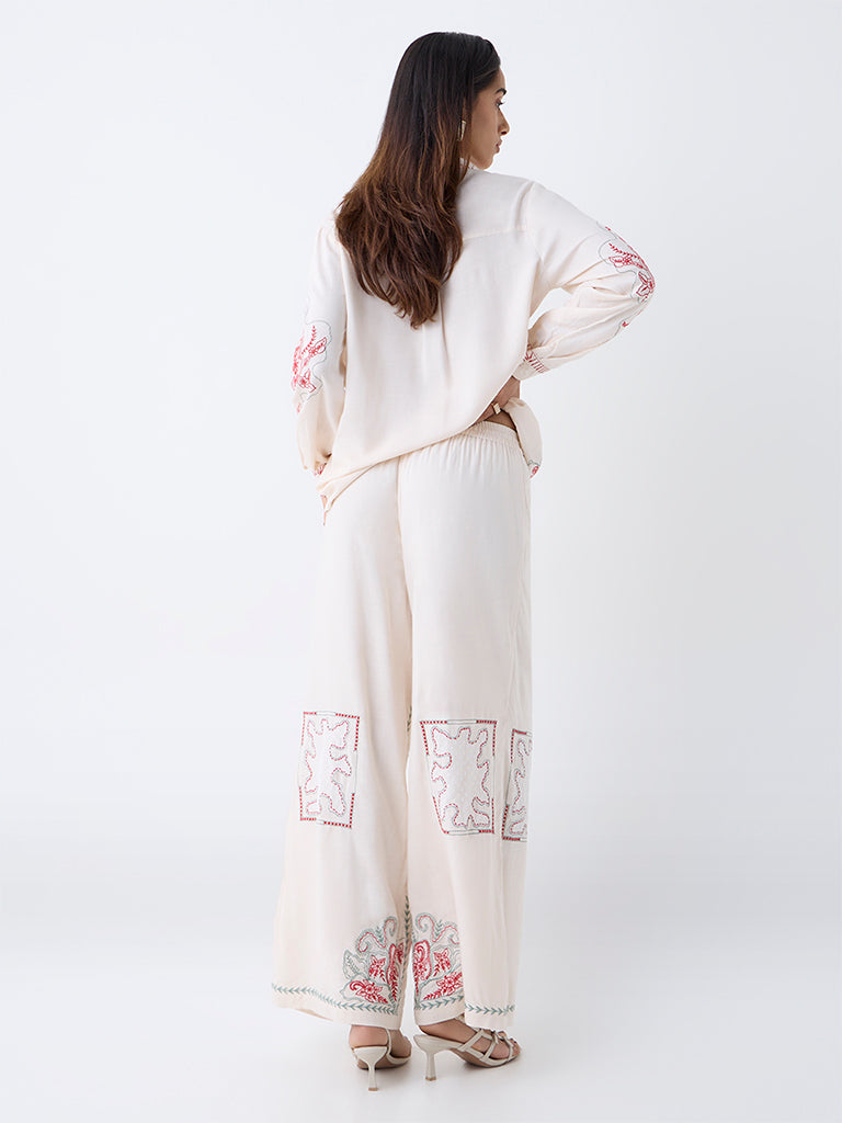 LOV Off-White Embroidered High-Rise Pants