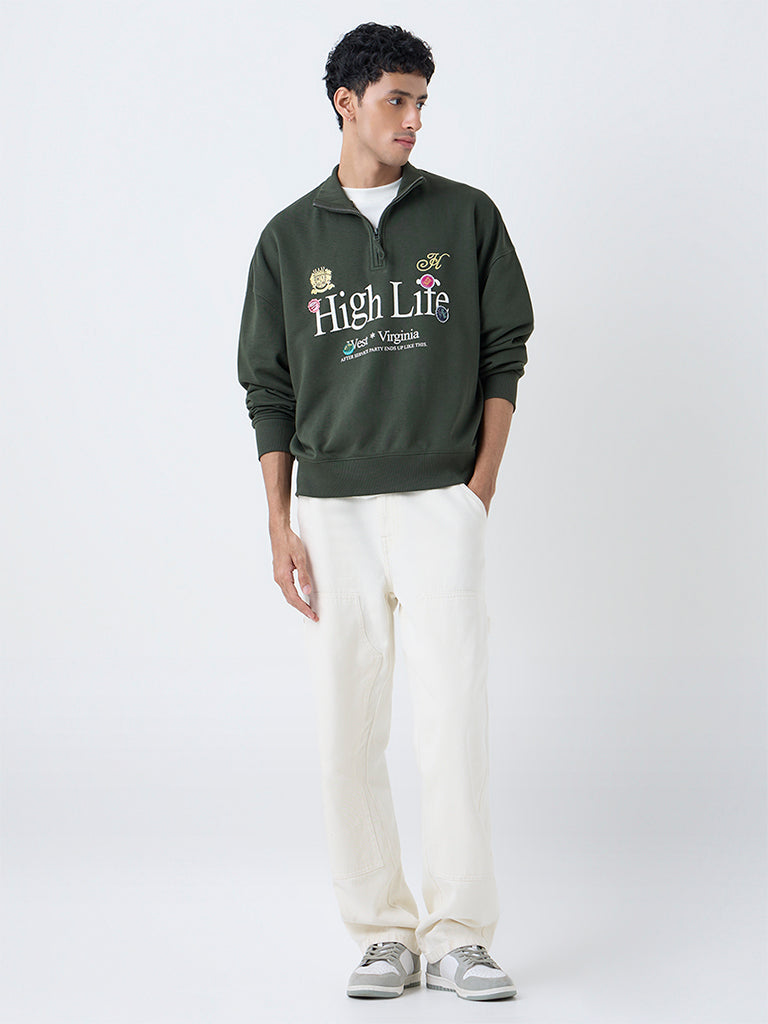 Nuon Dark Olive Relaxed-Fit Cotton-Blend Quarter-Zip Sweatshirt