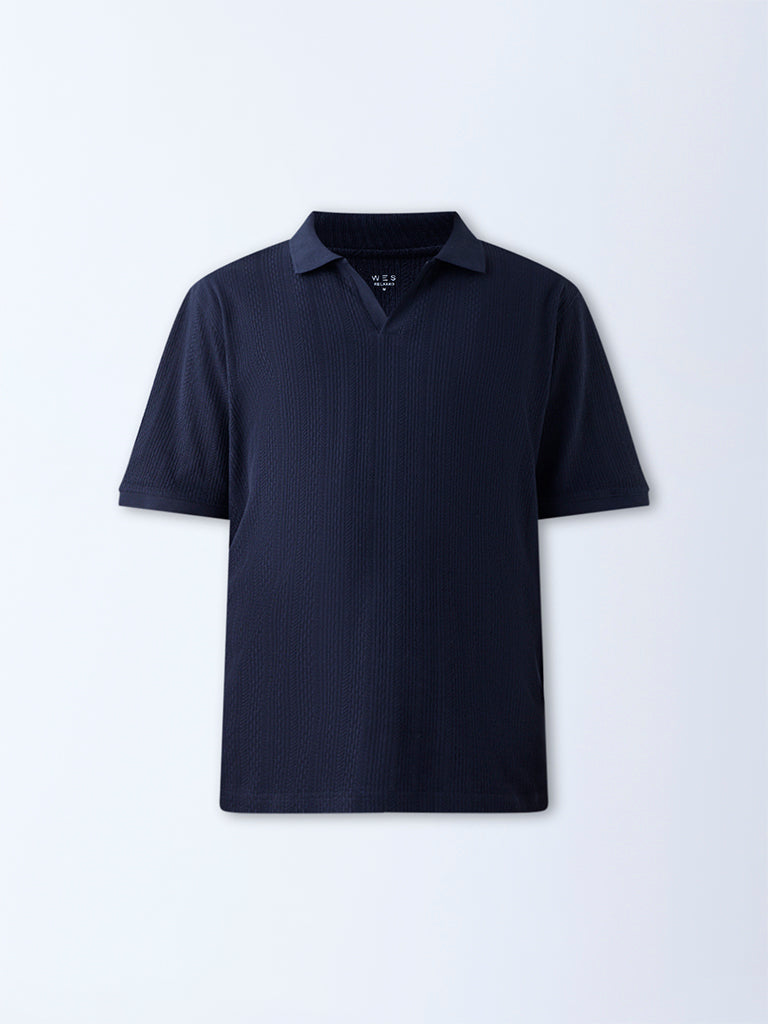 WES Casuals Navy Textured Relaxed-Fit Polo T-Shirt
