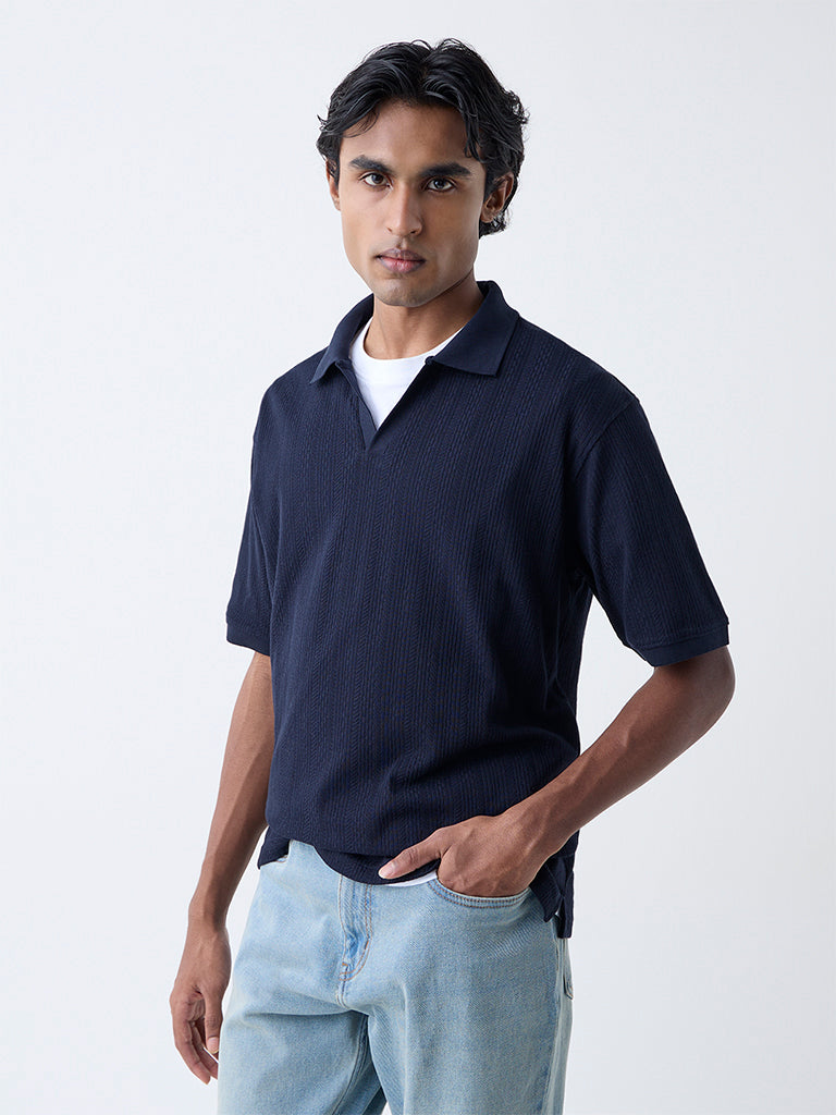 WES Casuals Navy Textured Relaxed-Fit Polo T-Shirt